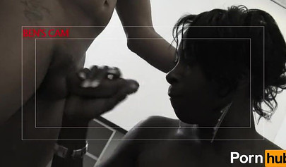 Naughty ebony slut double penetrated by hard white rods and sprayed with thick cum