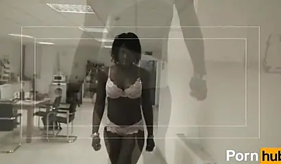 Naughty ebony slut double penetrated by hard white rods and sprayed with thick cum