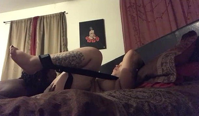 Chubby ebony MILF with monster curves tied up to be fucked and sprayed with cum