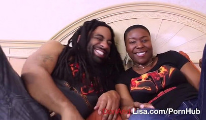 Curvy ebony girl with short hair sucks a stiff black rod before riding it deep