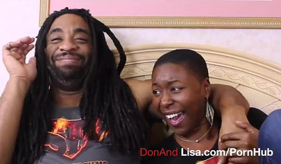 Curvy ebony girl with short hair sucks a stiff black rod before riding it deep