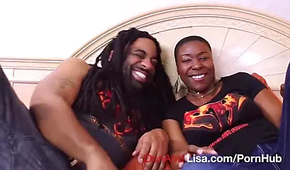 Curvy ebony girl with short hair sucks a stiff black rod before riding it deep