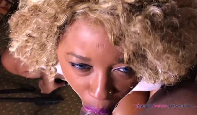 Stunning black teenie Nina Rivera gives her stepdad a long and sloppy blowjob