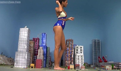 Super hot and sexy ebony giantess walks around a small city showing her attributes