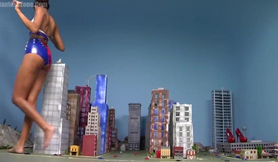 Super hot and sexy ebony giantess walks around a small city showing her attributes