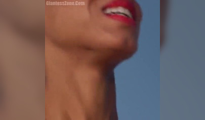 Super hot and sexy ebony giantess walks around a small city showing her attributes