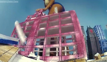 Super hot and sexy ebony giantess walks around a small city showing her attributes