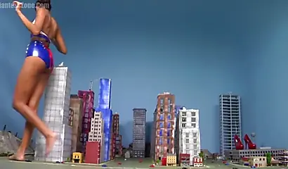 Super hot and sexy ebony giantess walks around a small city showing her attributes