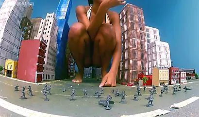 Super hot and sexy ebony giantess walks around a small city showing her attributes