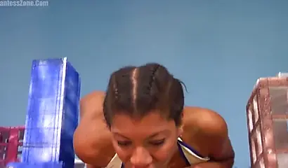 Super hot and sexy ebony giantess walks around a small city showing her attributes