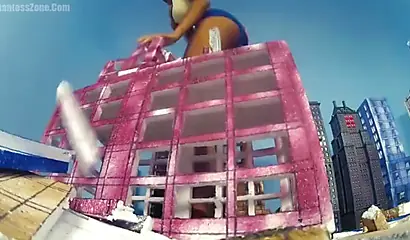 Super hot and sexy ebony giantess walks around a small city showing her attributes