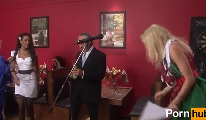 Gorgeous ebony and a stunning blonde MILF gangbanged and sprayed with big loads