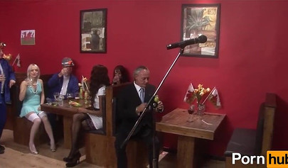 Gorgeous ebony and a stunning blonde MILF gangbanged and sprayed with big loads