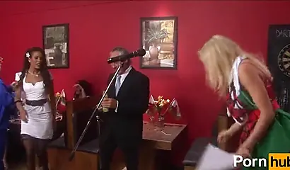 Gorgeous ebony and a stunning blonde MILF gangbanged and sprayed with big loads