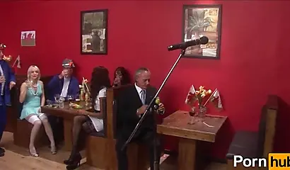 Gorgeous ebony and a stunning blonde MILF gangbanged and sprayed with big loads