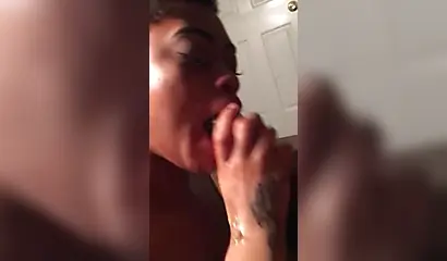 Horny ebony amateur girl gives the sloppiest blowjob ever to a big black cock