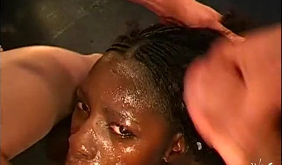 Amateur black babe gangbanged by multiple white cocks and sprayed with their cum