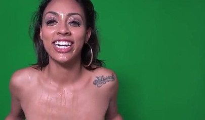 Skinny ebony with big tits is gangbanged before her cute face is covered in cum