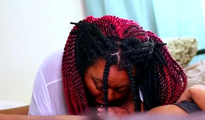 Chubby ebony with big tits and monster curves swallows a thick shaft and rides it