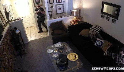 Dashing young ebony fucked by two big white cop cocks and sprayed with their loads