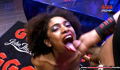 Brazilian ebony Luna Corazon gangbanged by multiple cocks and made to swallow cum