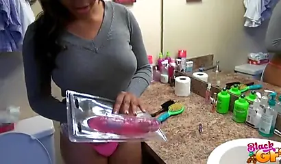 Cute ebony teenie uses toys on her tight cunt before sucking and fucking a dick