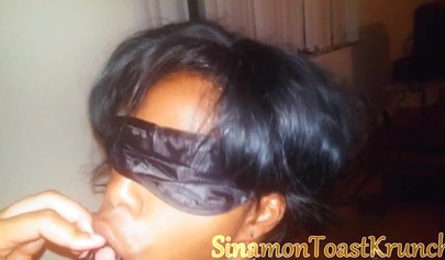 Kinky black mommy blindfolded and bound before being fucked in her mouth and cunt