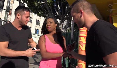 Lusty black babe double penetrated by two white cocks and sprayed with their cum