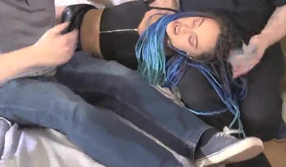 Kinky and naughty ebony wearing skimpy outfit tied up and taped up by two guys