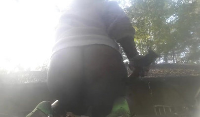 Chubby black amateur shows off her big tits and ass and rides a dildo outside