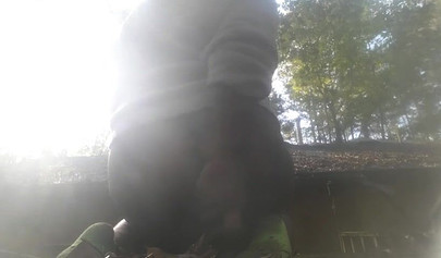 Chubby black amateur shows off her big tits and ass and rides a dildo outside