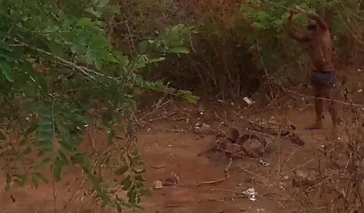 Amateur black girl strips naked and rubs her pussy outside before fucking her man