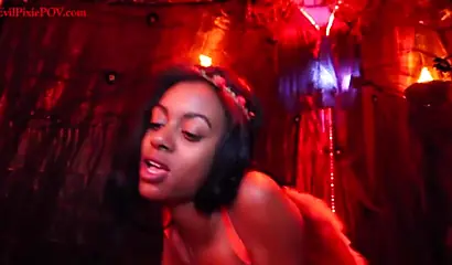 Kinky black chick rides a stiff rod before slobbering on it and swallowing cum