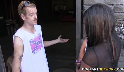 Sexy black babe Tatiyana Foxx gangbanged and sprayed with cum by four white cocks