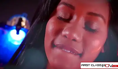 Ebony cutie enjoys sucking on a throbbing fat cock and she moans quite a bit