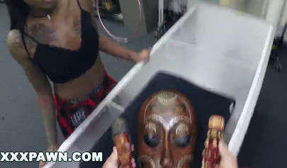 Black babe gets on top of white dude in backroom and rides that big fat dick