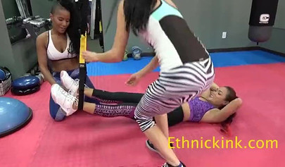 Tight Asian girl with tiny titties gets tickled by a black and a white girl too