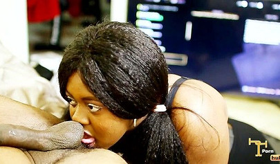 Black teen enjoys sucking on dick, but she does not ignore those big nuts either