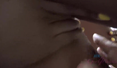 Adorable black cutie jerks off dick with her feet and then rides with her pussy