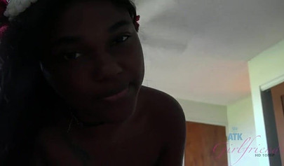 Adorable black cutie jerks off dick with her feet and then rides with her pussy