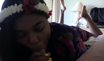 Adorable black cutie jerks off dick with her feet and then rides with her pussy