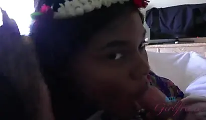 Adorable black cutie jerks off dick with her feet and then rides with her pussy