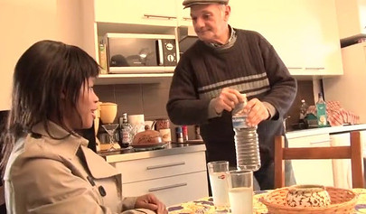 Skinny ebony cutie shows off her cute breasts to a rich old white grandaddy