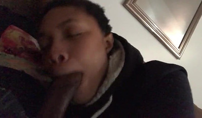 Short-haired ebony teen cutie gets her mouth filled with a thick brown meat rod