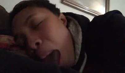 Short-haired ebony teen cutie gets her mouth filled with a thick brown meat rod