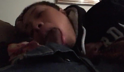 Short-haired ebony teen cutie gets her mouth filled with a thick brown meat rod