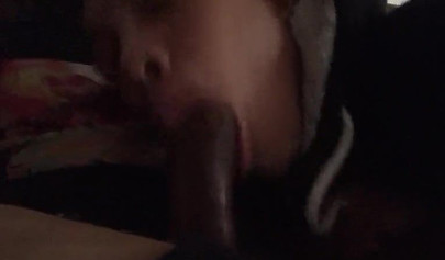 Short-haired ebony teen cutie gets her mouth filled with a thick brown meat rod