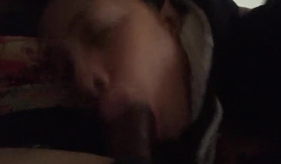 Short-haired ebony teen cutie gets her mouth filled with a thick brown meat rod