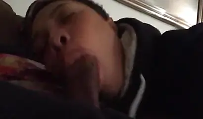 Short-haired ebony teen cutie gets her mouth filled with a thick brown meat rod