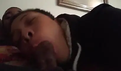 Short-haired ebony teen cutie gets her mouth filled with a thick brown meat rod